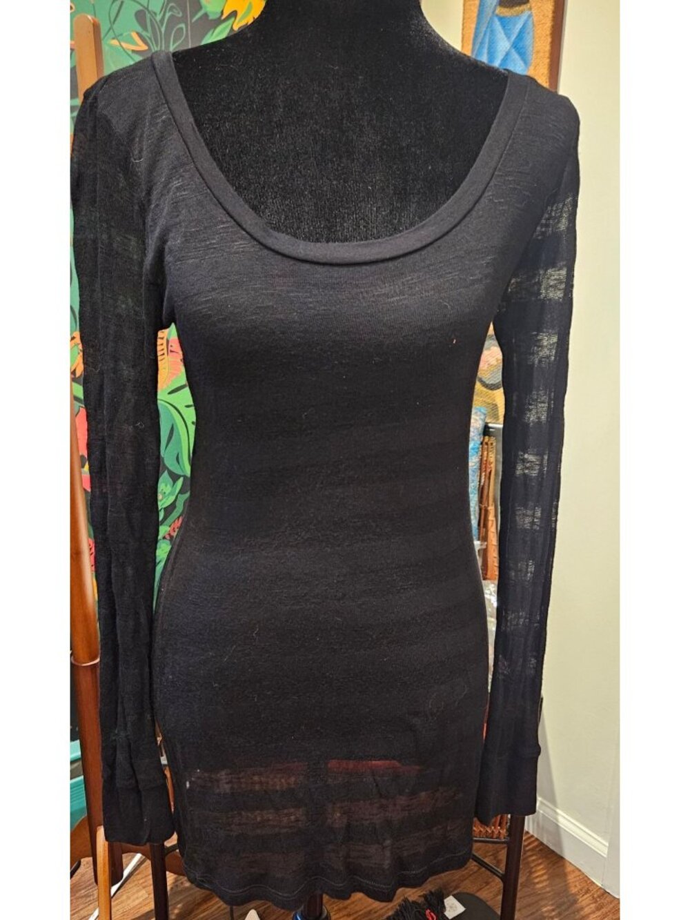 NEW VINTAGE True Blue Sheer Black Stripe Slub Long Sleeve Rayon Tunic L Women's